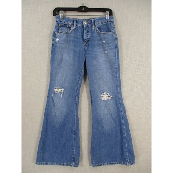 Old Navy High-Rise Baggy Flare Jeans Size 12 Distressed Blue Denim - Picture 1 of 11
